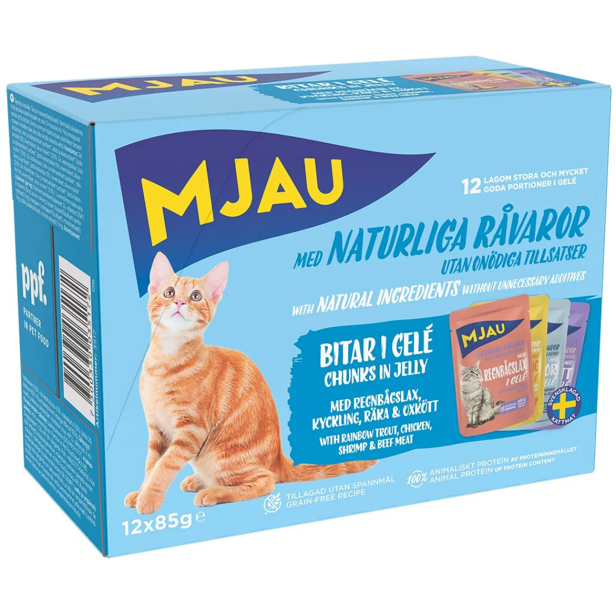 Multipack lihaa ja kalaa hyytelössä 12 x 85 g>Mjau Discount